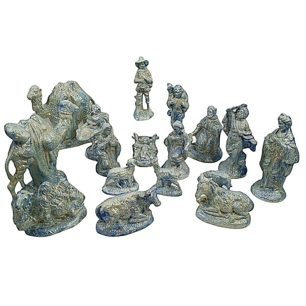 Handcrafted Nativity Figurine Set 17-Piece White & Blue Crackle Ceramic Pre-Owne